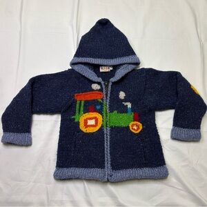 2/$20 Handmade Boys 4 Wool Sweater Full Zip Hooded Train Choo Blue Chunky Knit